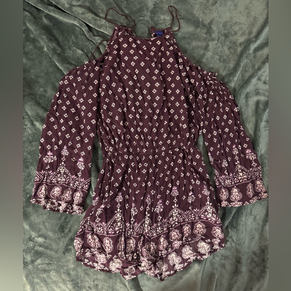 Aeropostale Burgundy Patterned Open Shoulder Romper